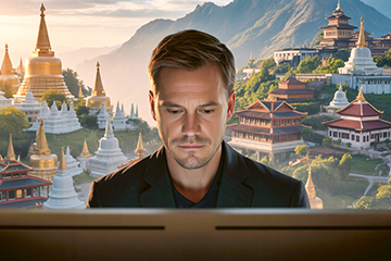 KI erzeugtes Bild: Mann vor asiatischer Landschaft schaut in einen Computerbildschirm