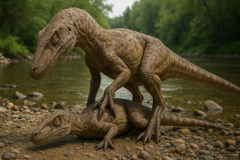 kreiert mit KI Sora: Ein Dinosaurier hat einen anderen besiegt und steht über ihm. 