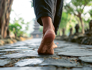 Vorschau zum Artikel Demokratiefähig bleiben in Krisenzeiten: zu sehen ist ein abrollender Fuß von hinten und ein Stück schwarze Hose.