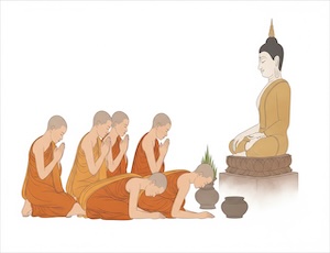 KI-generierte Illustration: Mönche verbeugen sich vor dem Buddha"