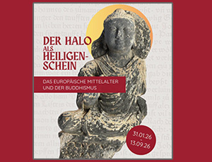 Vorschaubild zur Ankündigung der Ausstellung "Der Halo als Heiligenschein": Plakat auf Rotem Hintergrund