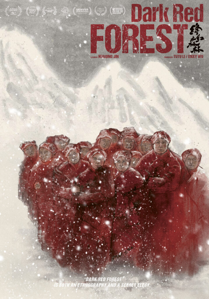 Filmplakat Dark Red Forest Menschengruppe im Schnee